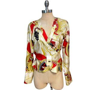 Pink Tartan Multicolor Long Sleeve V-Neck  Faux Wrap Silk Blouse 6 NWT